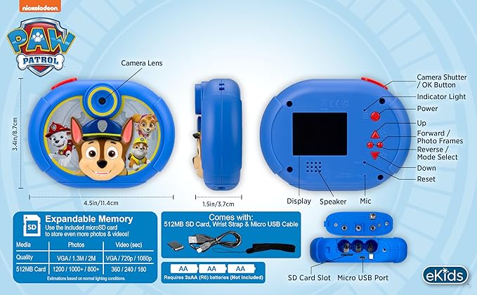 ekids Paw Patrol Kids Camera with SD Card, Digital Camera for Kids with Video Recording and Built-in Digital Stickers