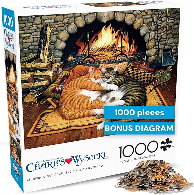 Buffalo Games – Charles Wysocki All Burned Out 1000 Piece Jigsaw Puzzle for Adults, Cozy Cat Fireplace Americana Artwork, Made in USA