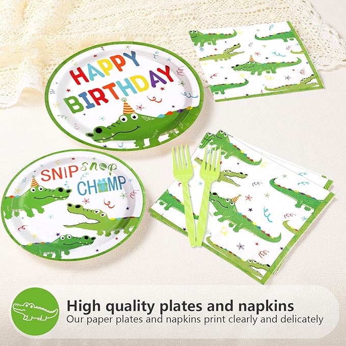 96Pcs Crocodile Birthday Party Supplies Reptile Crocodile Plates and Napkins Green Alligator Animal Theme Tableware Set for Kids Boys Jungle Safari Swamp Birthday Party Supplies，Serves 24