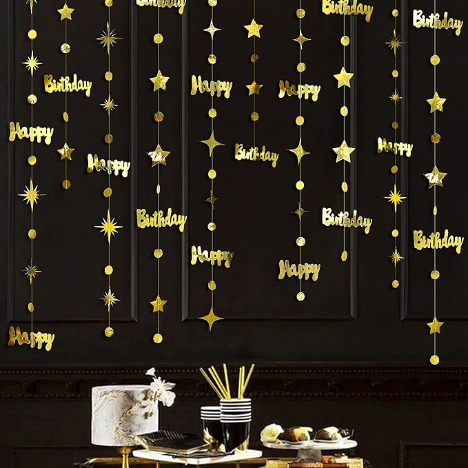 Gold Happy Birthday Decorations Happy Birthday Circle Dot Twinkle Star Garland Metallic Hanging Streamer Bunting Banner Backdrop for 1st 13th 16th 21st 30th 40th 50th 60th Birday Party Supplies