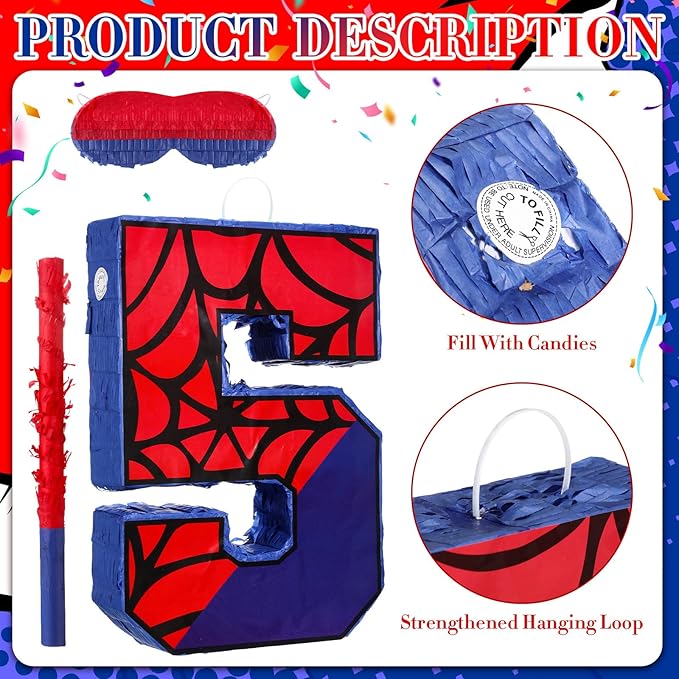 Number 5 Pinata for 5th Birthday Party Decorations, Perfect for 5th Birthday Party Supplies, Fiesta, Anniversary Celebration, Birthday Pinata with Stick Blindfold Confetti Large 16 x 11.8 x 3.2 Inches
