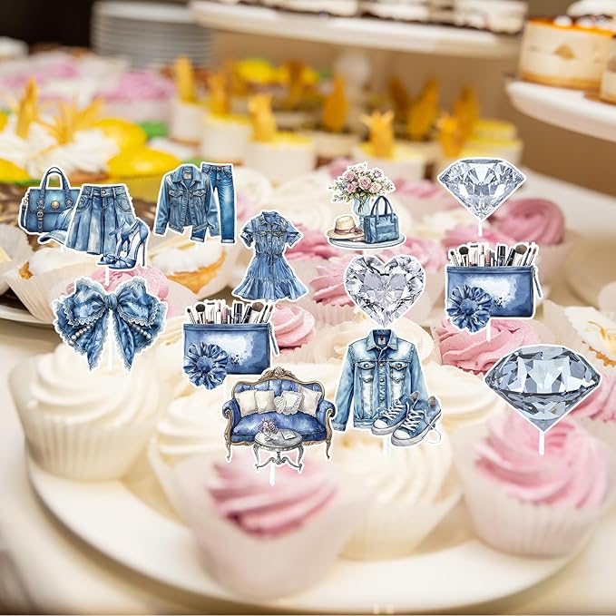 Denim and Diamonds Party Decorations - 24PCS Denim and Diamonds Cupcake Toppers Birthday Decoration Jacket Jeans Cupcake Picks Decor Baby Shower Supplies