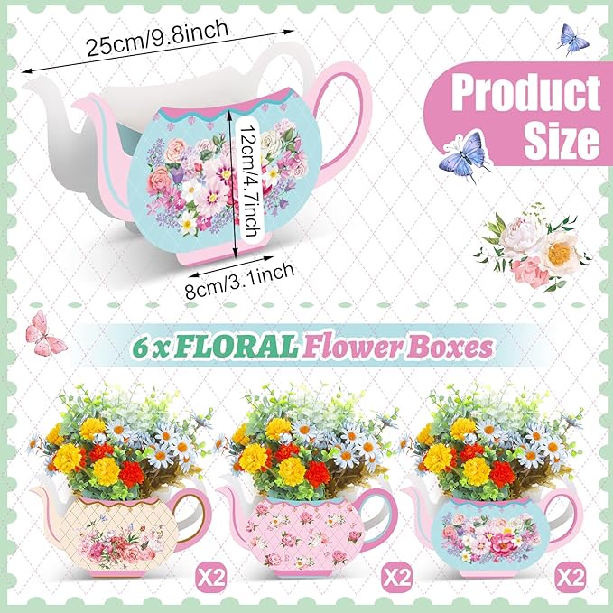 Yinder 6 Pcs Tea Party Decorations Princess Party Flower Boxes Centerpiece Floral Teapot Centerpiece for Floral Tea Themed Birthday Wedding Supplies(Sweet Tea Pot)