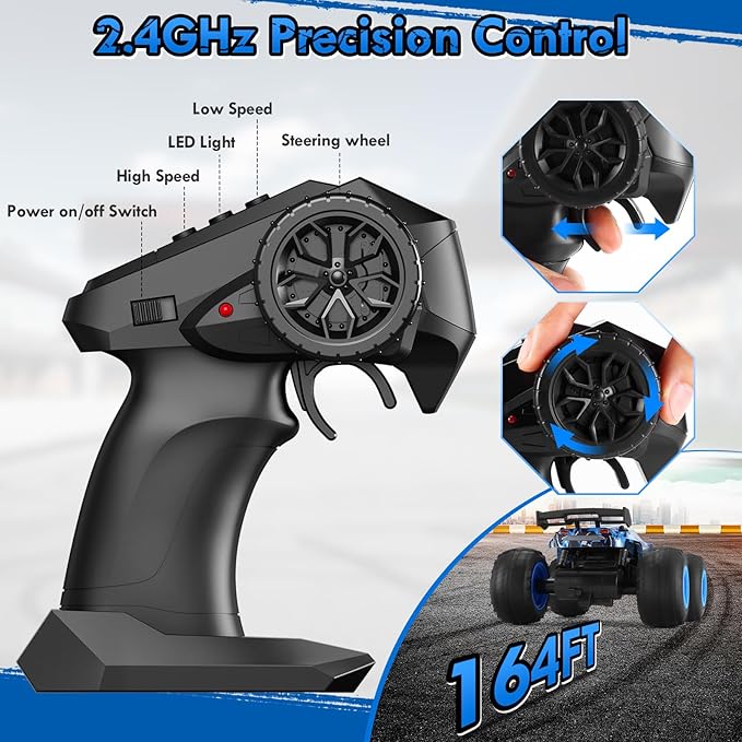 Remote Control Car, 1:18 Rc Cars, All-Terrain RC Truck with LED Light, 20KM/H, Rechargeable, 2WD, 2.4GHz, Sturdy PVC Shell, Remote Control Truck for Boys 4-7 8-12, Beginner