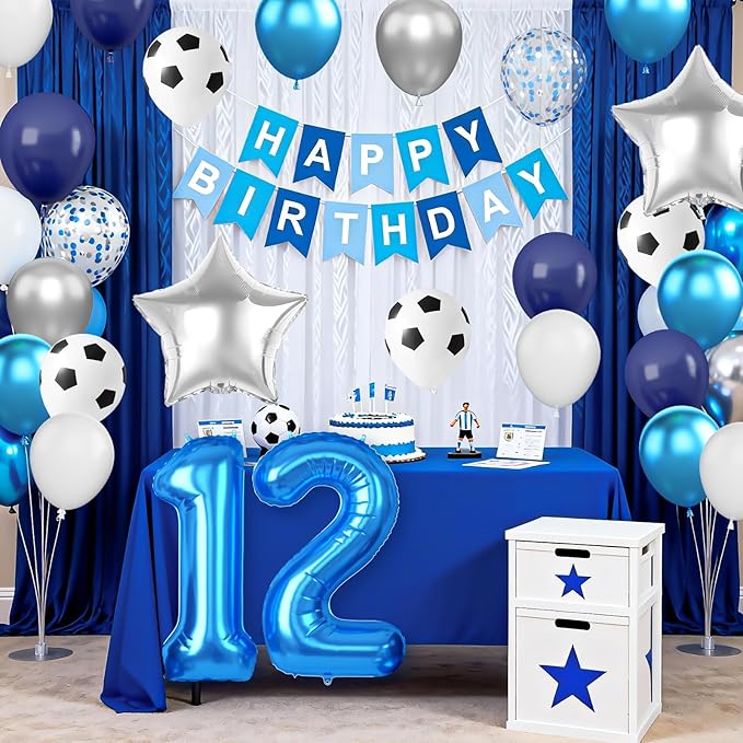 12th Soccer Birthday Party Decoration for Boys, 12th Soccer Party Decoration with Blue White Silver Balloons 'HAPPY BIRTHDAY' Banner 32in Foil 12 Balloon for Boy Kids Baby Shower Decor