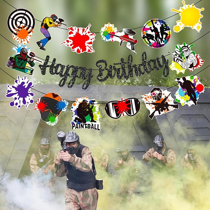 Paintball Happy Birthday Banner Glitter Black Paintball Birthday Party Decorations 2PCS Paintball Themed Shooting Game Banner Decor for Paint Ball Splatter Splash Party Supplies