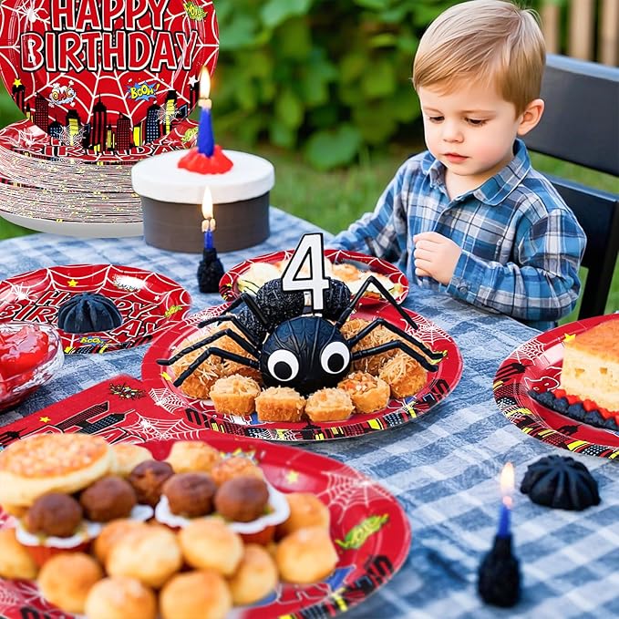 Grencian 96Pcs Spider 4th Birthday Party Supplies Red Blue Spider 4th Birthday Plates Disposable Cartoon Super Theme Hero Paper Tableware Set for Boys Kids Spider 4 Year Old Party Decorations Serve 24