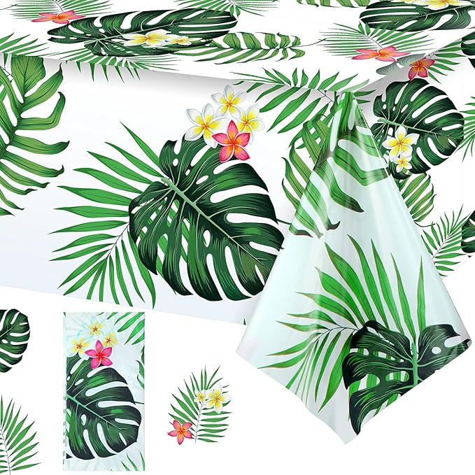 Tatuo 1 Piece Hawaiian Luau Party Tablecloth Palm Leaves Table Cloth 54 x 108 Inches Plastic Disposable Table Decorations for Summer Pool Beach Cocktail Aloha Safari Jungle Party Supplies