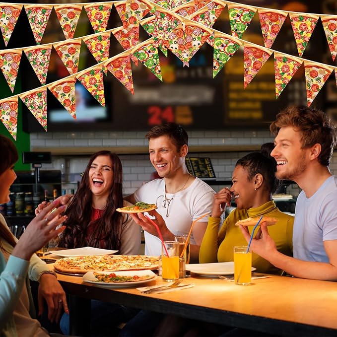 HESTYA 5 Pcs 49 Ft Pizza Party Decorations Pennant Banner Pre-Assembled Pizza Triangle Flag Bunting Garland for Themed Birthday Bachelorette Party Supplies Fast Food Theme Decorations