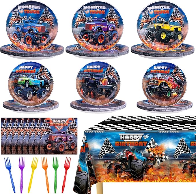 Monster Truck Birthday Decorations Kit - 97 Pcs Machines Jam Party Supplies for Boys Serves 24 Guests, Including Plates, Napkins, Forks & Tablecloth - Perfect for Monster Truck Themed Decor