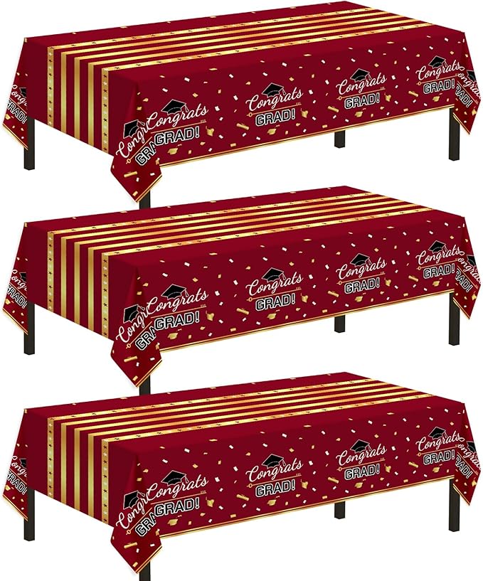 Childom 3 Pack Graduation Tablecloth,Graduation Decorations Class of 2026 Graduation Party Decorations,54"x108"Wine Red and Gold Plastic Table Cloth Disposable Rectangle for Home,School Party Supplies