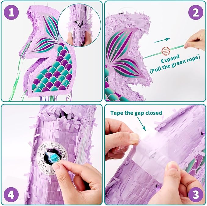 WERNNSAI Foldable Mermaid Piñata - Pull String Mermaid Birthday Party Supplies Mermaid with Blindfold Bat and Tassels Mermaid Party Decoration Games Folding Purple Mermaid Piñatas for Classroom Game