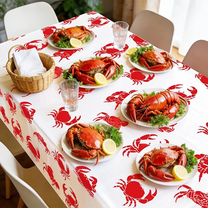 4 Pack Crab Tablecloths Plastic Red Lobster Crab Boil Table Cover for Birthday Party Decorations Seafood Festivals Potluck Barbecue Supplies, 87 x 51 inches