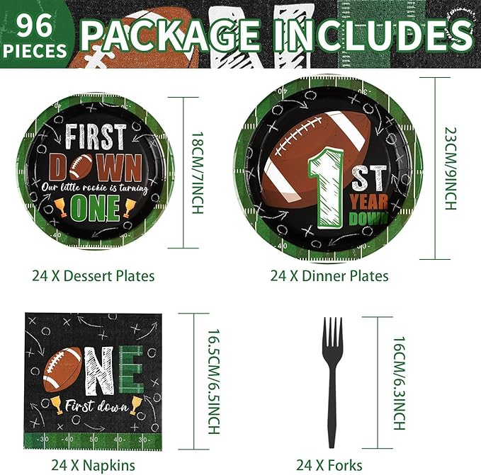 Grencian 96Pcs Football Party Decorations First Down Football Birthday Party Plates Disposable 350GSM Football Paper Tableware Set for Gameday Boys 1st Football Birthday Party, Serves 24