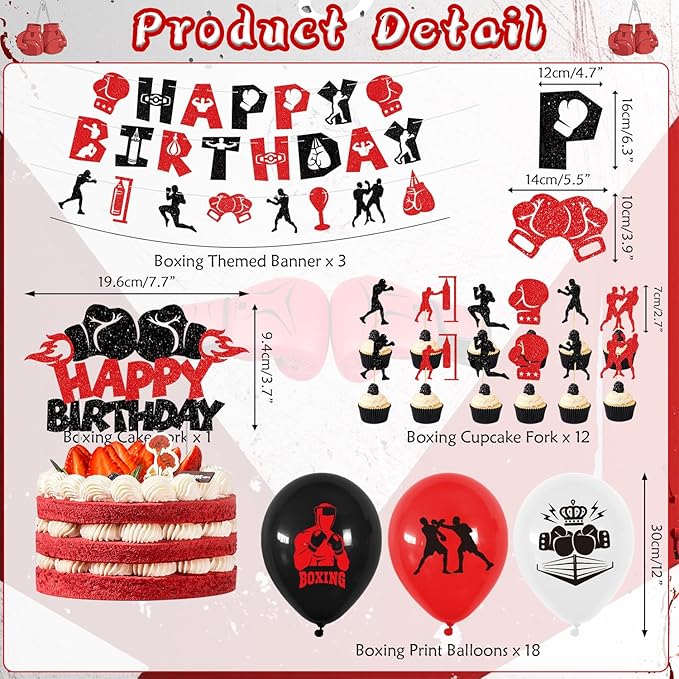 KEFAN Boxing Birthday Party Decorations, Boxing Birthday Banner Cake Topper Balloons, Fight Sports Wrestling Party Supplies Boxer Boxing Match Theme Party Supplies