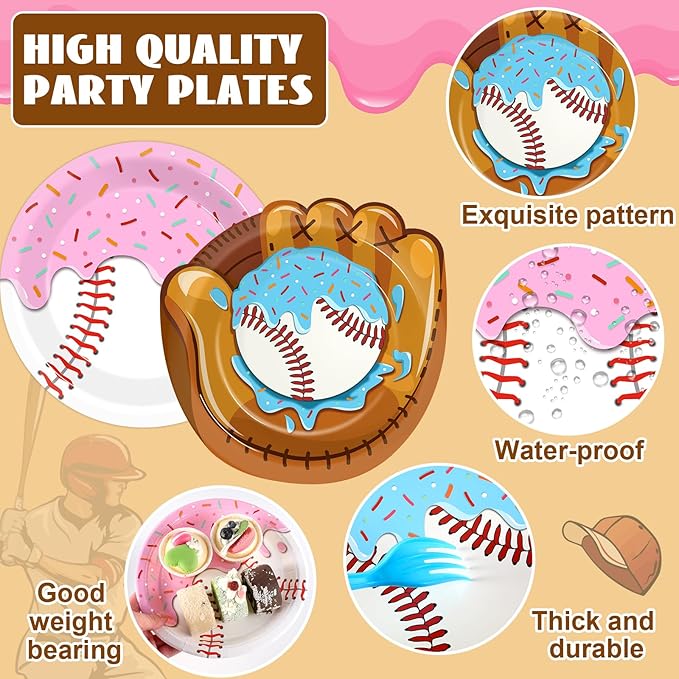 50Pcs Ice Cream Drip Baseball Paper Plates Sports Themed Birthday Party Decorations 9 Inch Baseball Ice Cream Theme Dinner Plates Disposable Tableware for Birthday Team Celebration Game Day Supplies
