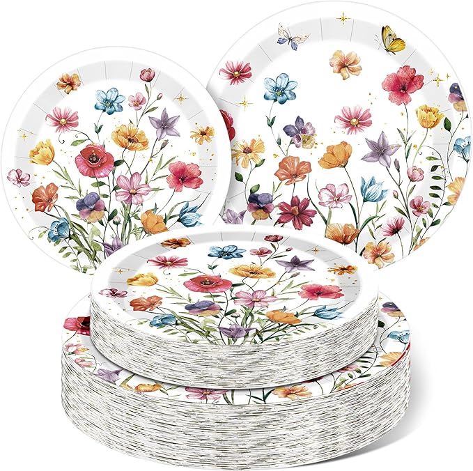 60 Pcs Spring Wildflower Paper Plates 9 in and 7 in Floral Party Decorations Butterfly Plates Wild Floral Disposable Dinner Tableware for Baby Shower Wedding Tea Summer Birthday Supplies