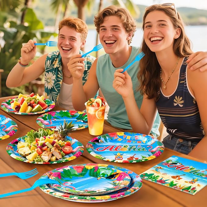 96Pcs Luau Aloha Party Decorations, Hawaiian Birthday Party Supplies Bundle Luau Plates and Napkins, Summer Tropical Birthday Party Decorations Serves 24