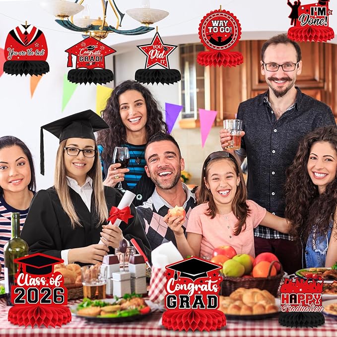 8 Pieces Class of 2026 Graduation Table Decorations - 2026 Congrats Grad Honeycomb Centerpieces, Red Black Graduation Table Toppers Decor for 2026 Graduation Party Decorations Favor Supplies