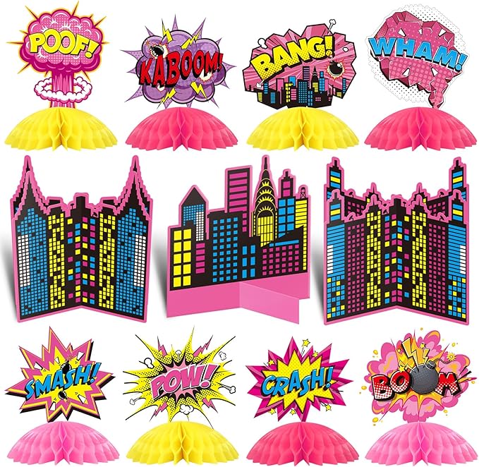 Funrous 11 Pieces Hero Party Decoration Hero Honeycomb Centerpieces 3D Table Topper Paper Large Word Centerpieces Fun Action Sign Standing Card for Birthday Baby Shower Decor Supplies (Pink)