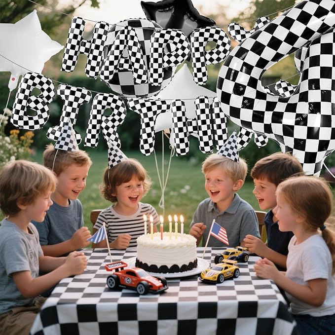 Racing Cars Themed Happy Birthday Banner Party Decorations Set Including 40 Inch Number 4 Foil Balloons, Themed Party Essentials, Checkered Backdrop Supplies for Boys Indoor Outdoor Celebration