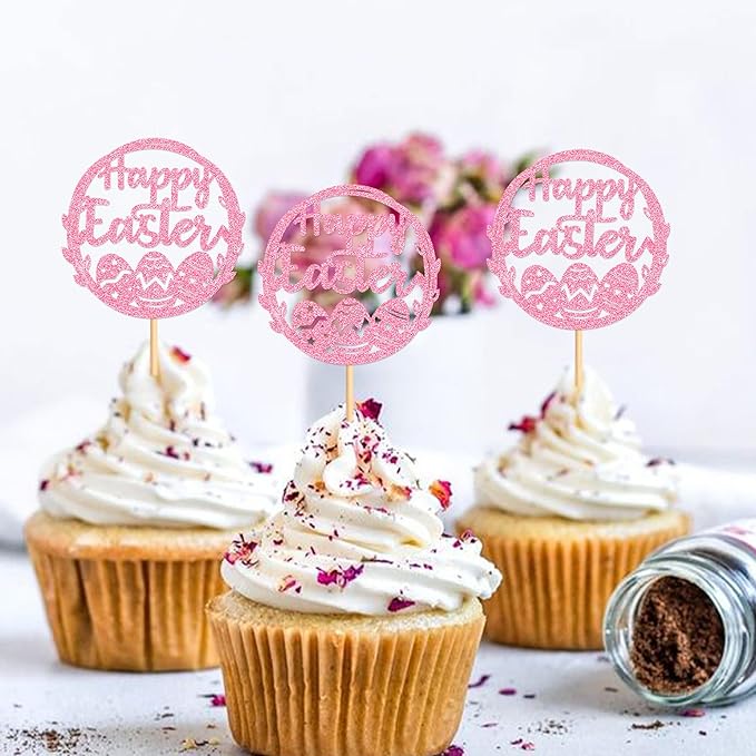 Ercadio 24Pcs Happy Easter Cupcake Toppers Glitter Pink Happy Easter Eggs Cupcake Picks for Easter Day Theme Baby Shower Easter Birthday Wedding Anniversary Party Cupcake Decorations