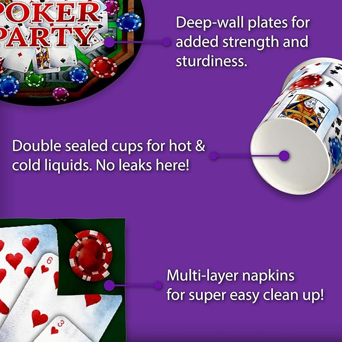 Birthday Galore Poker Party Supplies Set - Plates, Napkins, Cups - Red, Blue, Yellow - Poker Theme - 16 Guests