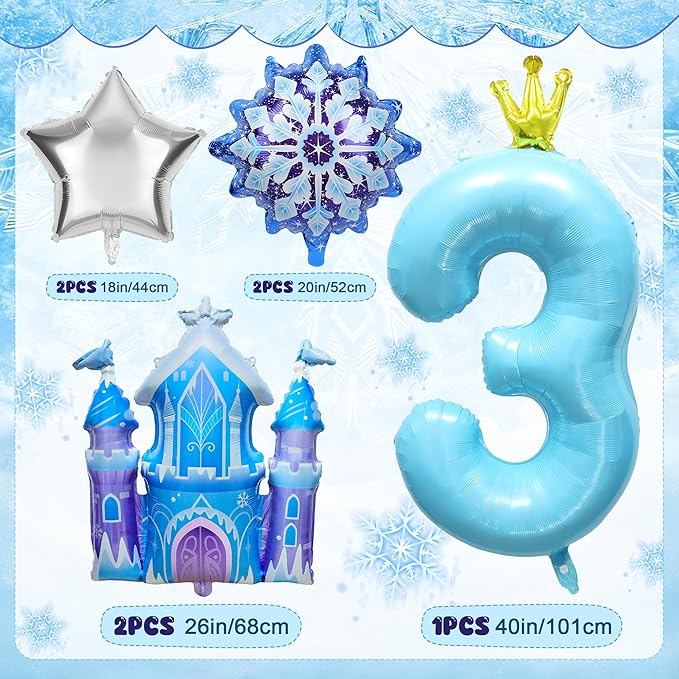 7Pcs 3rd Birthday Party Decorations Balloons,Winter Snowflake Balloons Large Blue 40 Inch Number 3 Balloon Foil Star Castle Ballon for Birthday Party Favor Decor Supplies Winter Wonderland Decoration