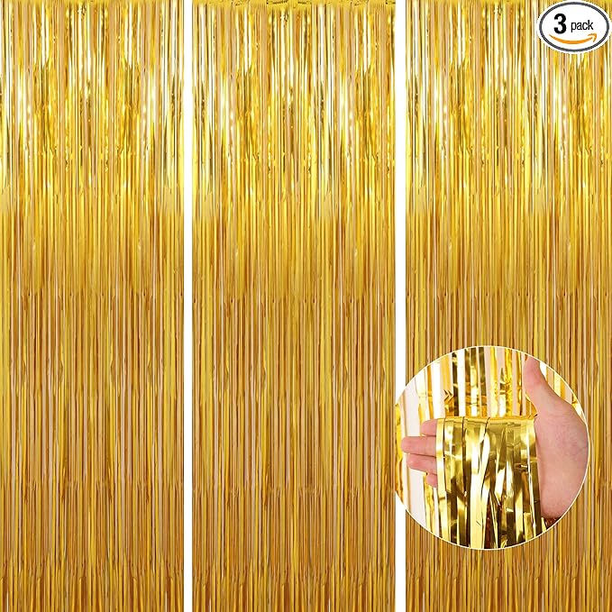 Birthday Party Decorations: 3 Pack 3.3 x 9.9 ft Gold Foil Fringe Curtains Party Supplies, Tinsel Curtain Backdrop for Parties/Birthday/Photo Booth