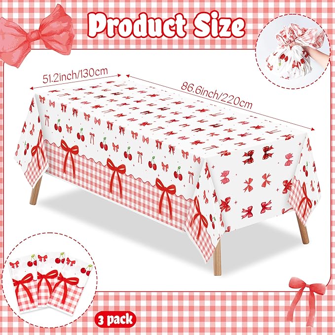 3Pcs Bow Party Tablecloths - Red Cherry Party Table Covers Decorations Bow Themed Rectangular Plastic Disposable Table Cloth Decor for Girls Women Kids Birthday Baby Shower Supplies