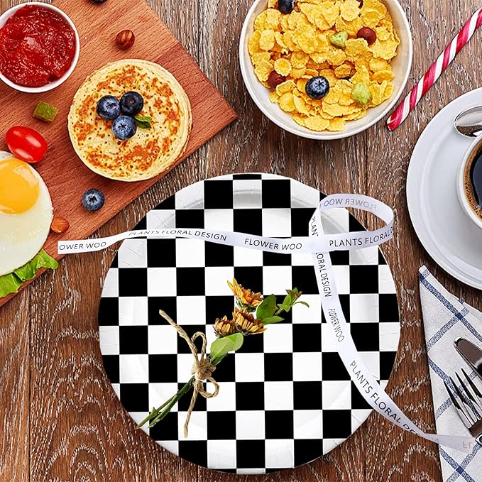 40 Pcs Black & White Checkered Party Supplies - Racing Themed Paper Plates, 7" Dessert Plates for Kids Sports Themed Race Car Birthday Party Decorations