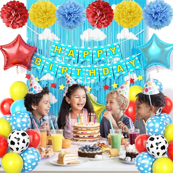 Red Yellow Blue Birthday Decoration,Blue Sky White Clouds Party Supplies,Include Balloons Happy Birthday Banner Fringe Curtain Tissue Paper Pompoms Garland