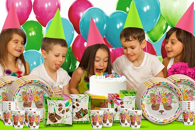 Panda Floral Birthday Party Supplies Set - Panda Bear Party Supplies - Boho Party Supplies - Birthday Party for Girl - 1st Birthday Party | Tableware Includes Plates, Napkins and Cups | Kit for 16