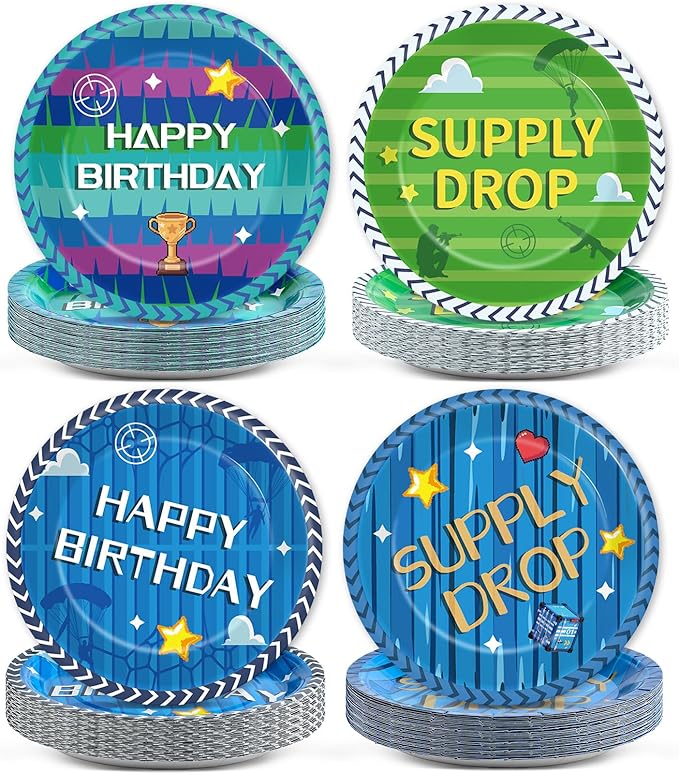 48Pcs Fort Game Plates Video Game Themed Party Supplies Gaming Tableware Dinnerware Game Party Table Decoration Gamer Dessert Plates Gaming Disposable Paper Plate Set for Teenager Kids Boy Adults Fans