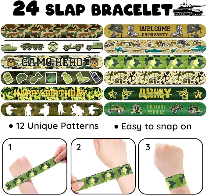 60 PCS Army Party Favors Set - 36 Temporary Tattoos & 24 Slap Bracelets for Kids, Perfect for Army-Themed Birthday Supplies, Classroom Rewards and Military Party Decorations