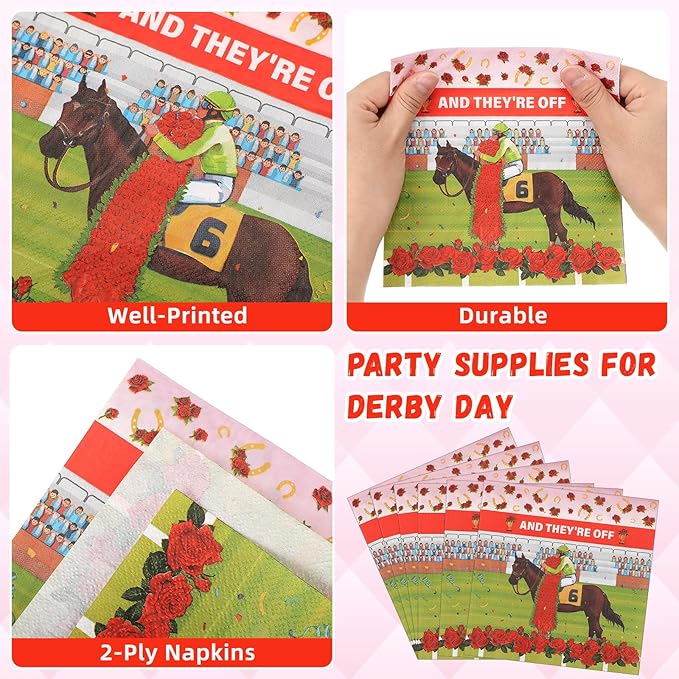 Roshtia 192 Pcs Derby Party Supplies for Horse Racing Party Decorations Derby Day Party Tableware Set Horse Theme Birthday Party Paper Plates Napkins Fork for 48 Guests (Roses)
