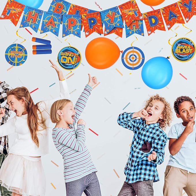 Skylety 53 Pieces Dart Battle Birthday Party Supplies Dart Gun Birthday Decorations Include Gun Happy Banner Paper Flower Pom Hanging Swirls Latex Balloons Tassel Garland Cake Cupcake Topper