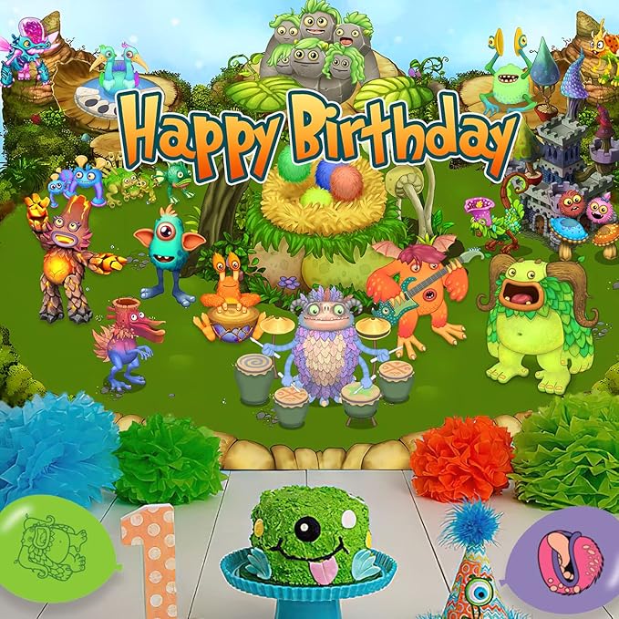 Singing Monster Birthday Party Decoration,Monster Party Photo Background 5 x 3 FT and 18 Pcs Balloon,Merch Party Backdrop Supplies