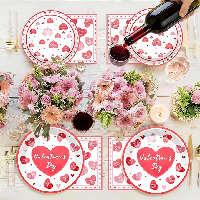 Valentine's Day Party Supplies Tableware Set Red Heart Love Paper Plates Napkins Cups Tablecloth Garlands Banner for Valentine's Day Party Decorations, Serves 24