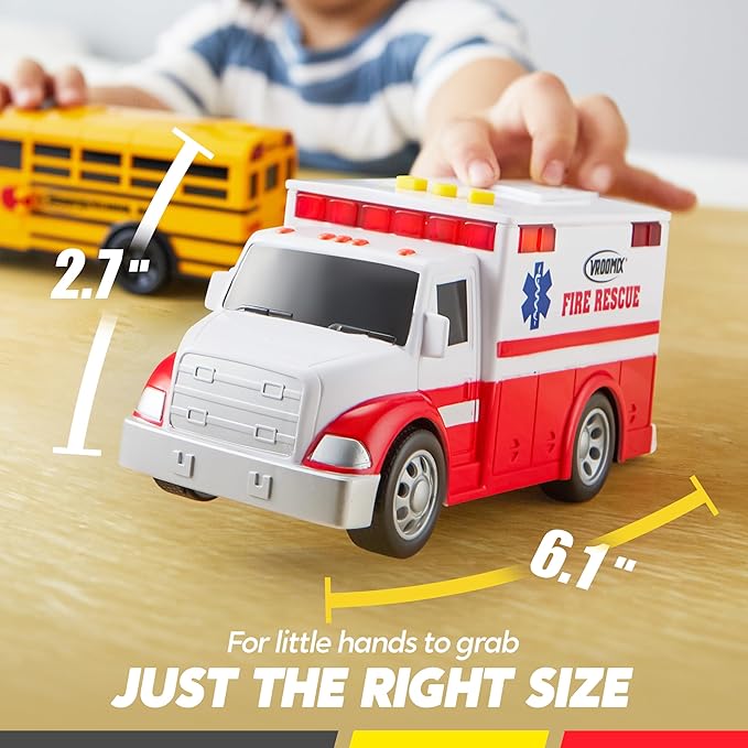 JOVA Emergency and School Vehicle Toy Set – Friction Powered Police Car, Ambulance, Bus with Lights and Sounds – Educational and Safe Toy for Kids, Birthday Gift Boys and Girls