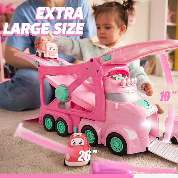 JOVA Extra Large Toy Trucks for Toddlers, 3-Layer Princess Pink Trucks for Girls, 7-in-1 Big Carrier Truck with Siren & Lights and 6 Toy Cars, Birthday Gifts for Girls