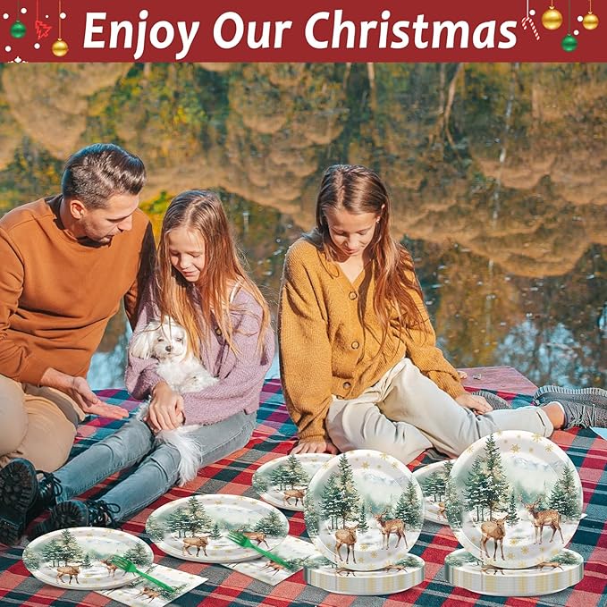 CHUNNIN 96Pcs Christmas Reindeer Paper Plates and Napkins Watercolor Deer Snow Pine Trees Snowflakes Party Decorations Winter Woodland Disposable Tableware for Xmas Holiday Birthday Party Supplies