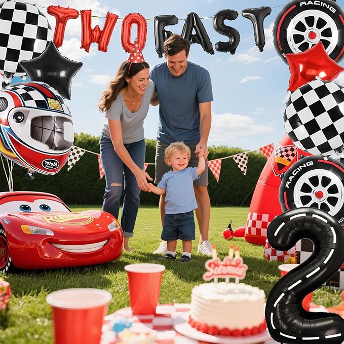 Two Fast Race Car Birthday Balloons Decoration Backdrop Racing Car 2nd Birthday Decoration 2-year old Boys Race Car Themed Bday Party Supplies