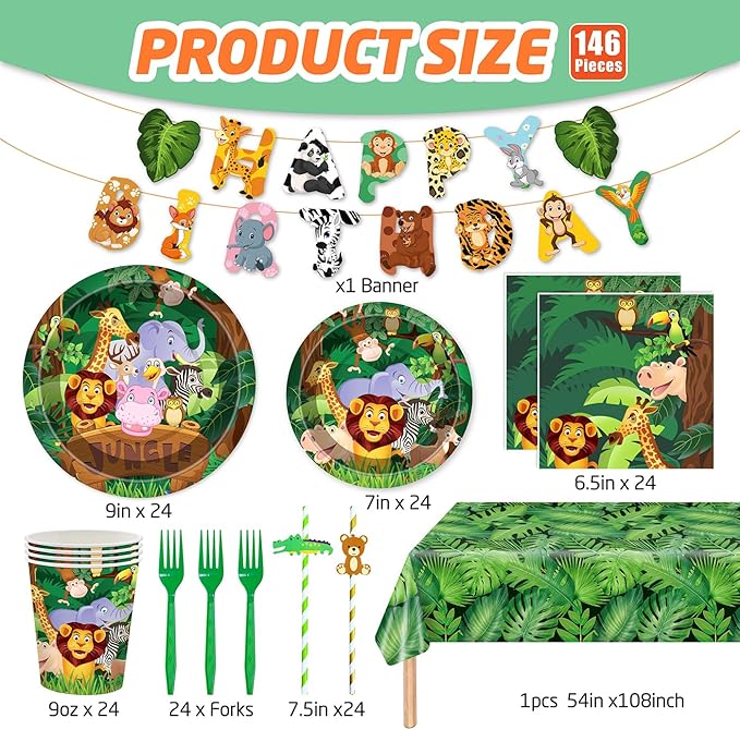 146Pcs Jungle Wild Animal Plates and Napkins Jungle Safari Party Supplies Includes Plates, Napkin, Fork, Cup, Straw, Tablecloth, Banner for Woodland Baby Shower Birthday Party Decorations, Serves 24