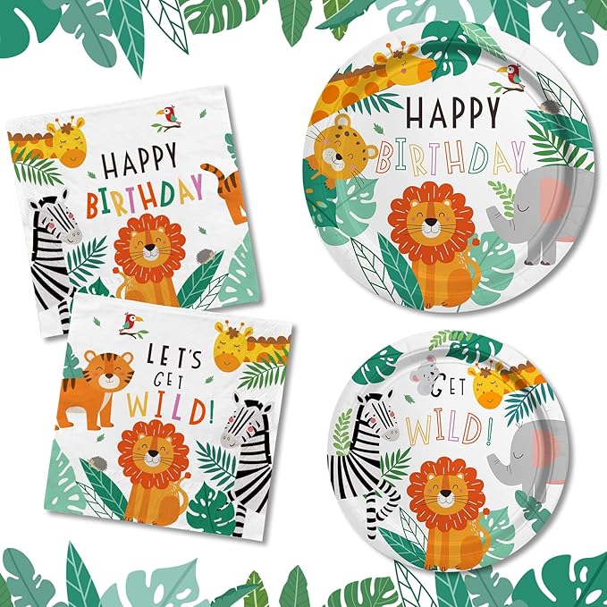 Gatherfun Safari Birthday Party Supplies Jungle Disposable Paper Plates Napkins for Safari Jungle Theme Birthday Decorations, Serve 50