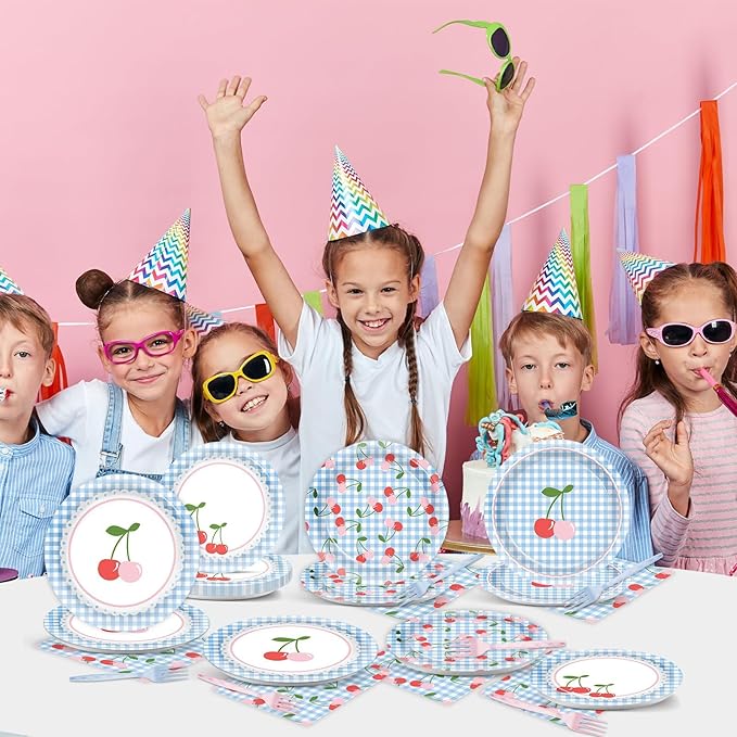 96Pcs Cherry Birthday Party Decorations Cherry Plates and Napkins Blue Checked Paper Plates Cherries on Top Disposable Tableware for Baby Shower Bridal Bachelorette Supplies Cherries