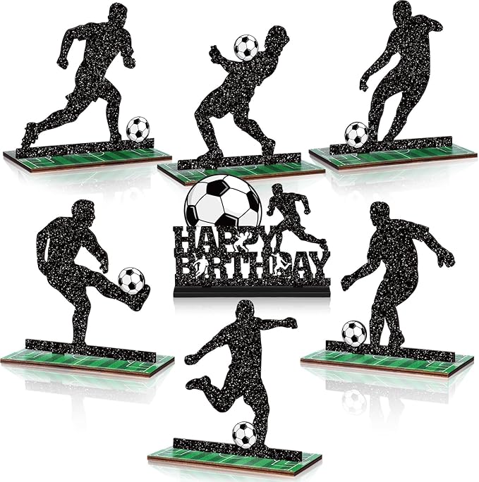 Geetery 7 Pcs Soccer Table Top Decorations Centerpieces Soccer Ball Happy Birthday Wooden Signs Player Silhouette Detachable Gifts for Football Fans Club Sports Theme Party Supplies