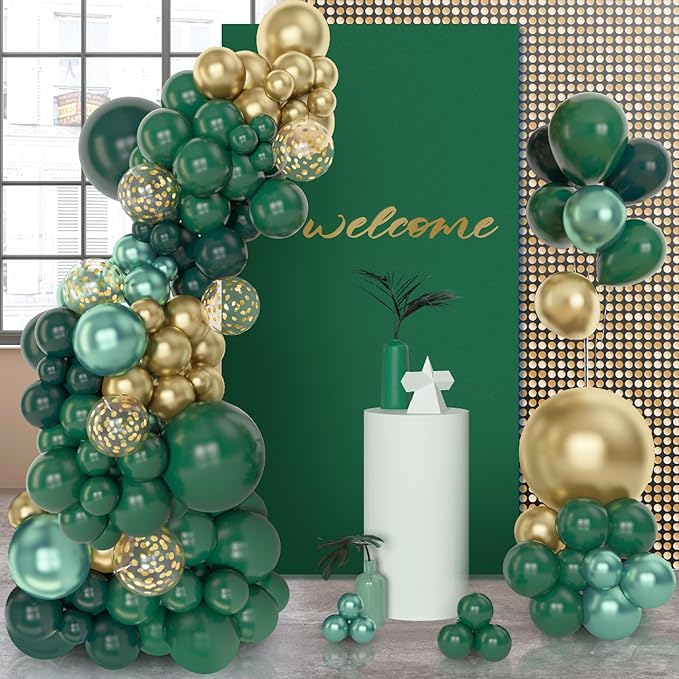 Amandir 153pcs Green and Gold Balloon Garland Arch Kit, Different Sizes 18 12 10 5 inch Green Latex Metallic Confetti Balloons St. Patrick's Birthday Anniversary Safari Party Decoration Supplies