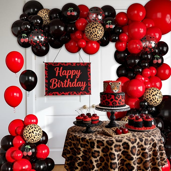 170Pcs Red and Black Balloons Garland Arch Kit, Cherry Black and Red Leopard Cheetah Printed Balloons for Women Cheetah Cherry Birthday Baby Shower Girl Night Bachelorette Party Decorations Supplies
