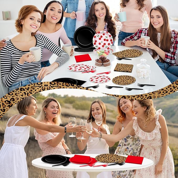 96Pcs Leopard Birthday Party Decorations Paper Red and Black Plates and Napkins Themed Cherry Cheetah Print Dinnerware Tablewares for Women Girls Bachelorette Party Supplies Serve 24 Guest